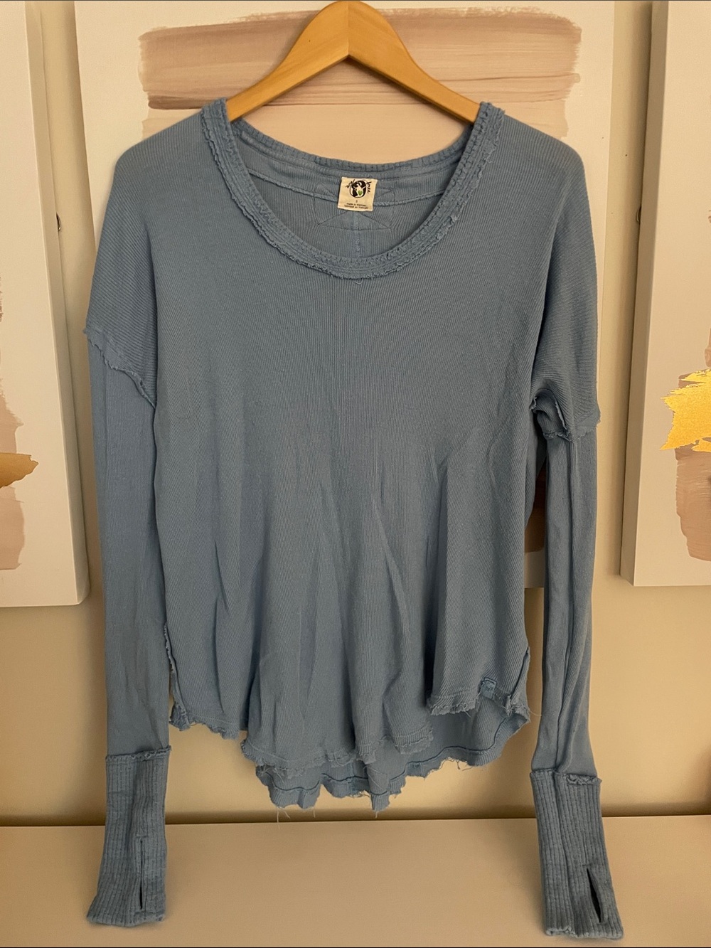 We The Free Light Blue Long-Sleeve Waffle Raw Hem Thermal Top